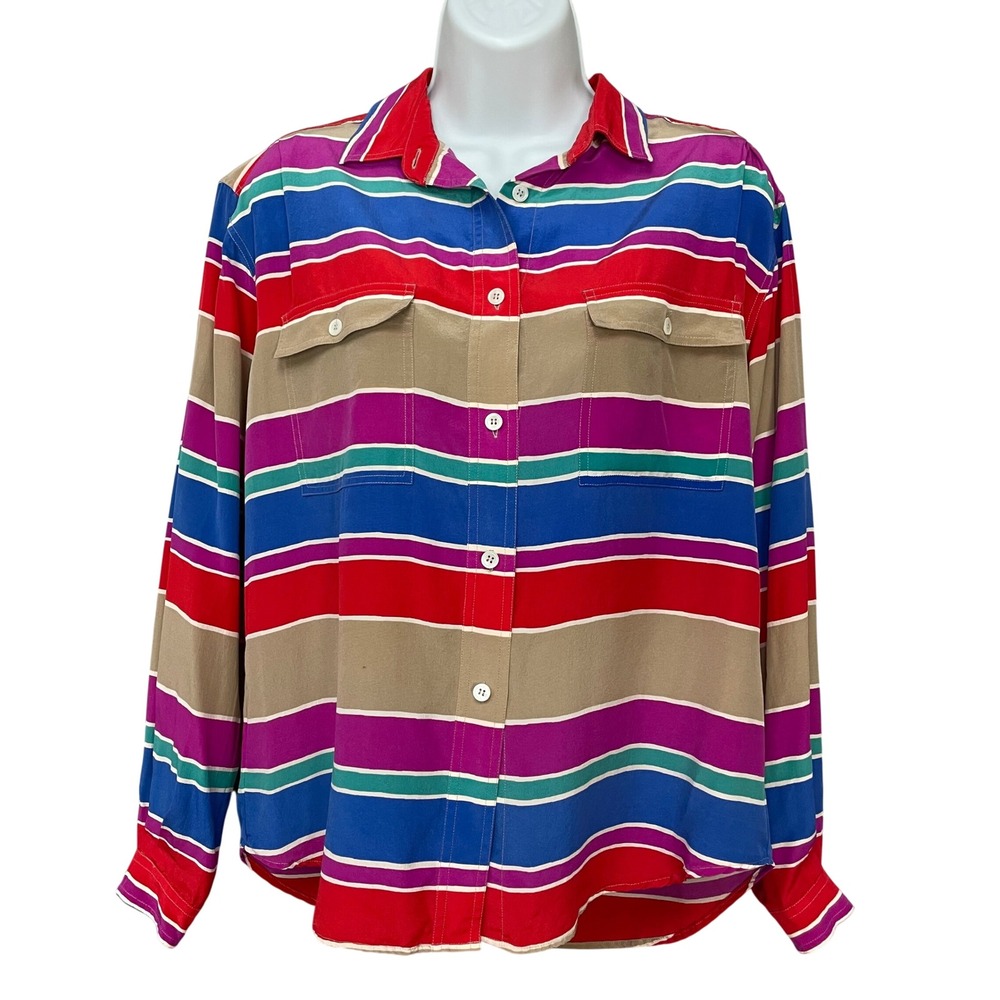Vintage 90s Silk Top Stripe Button Down Blouse Bold Liz Claiborne Long Sleeve